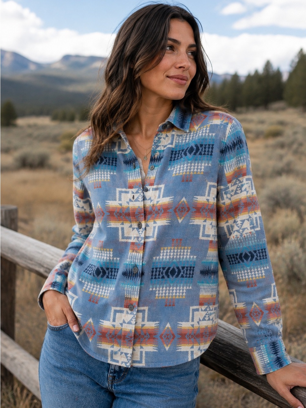 Pendleton Southwestern Patterned Blue & Orange Wool Shirt
